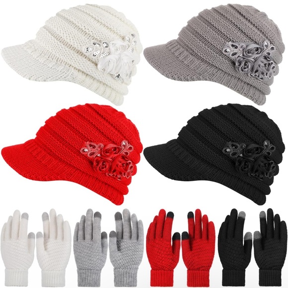 Gray Womens Winter Hats with Visor Winter Gloves Sequined Flower Touchscreen … - Picture 5 of 5